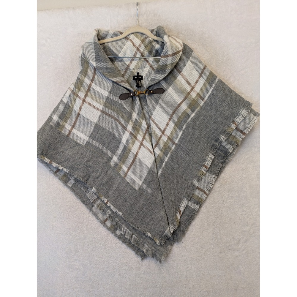 Modena Poncho Women's One Size Grey White Plaid Toggle‎ Closure Fringed Acrylic